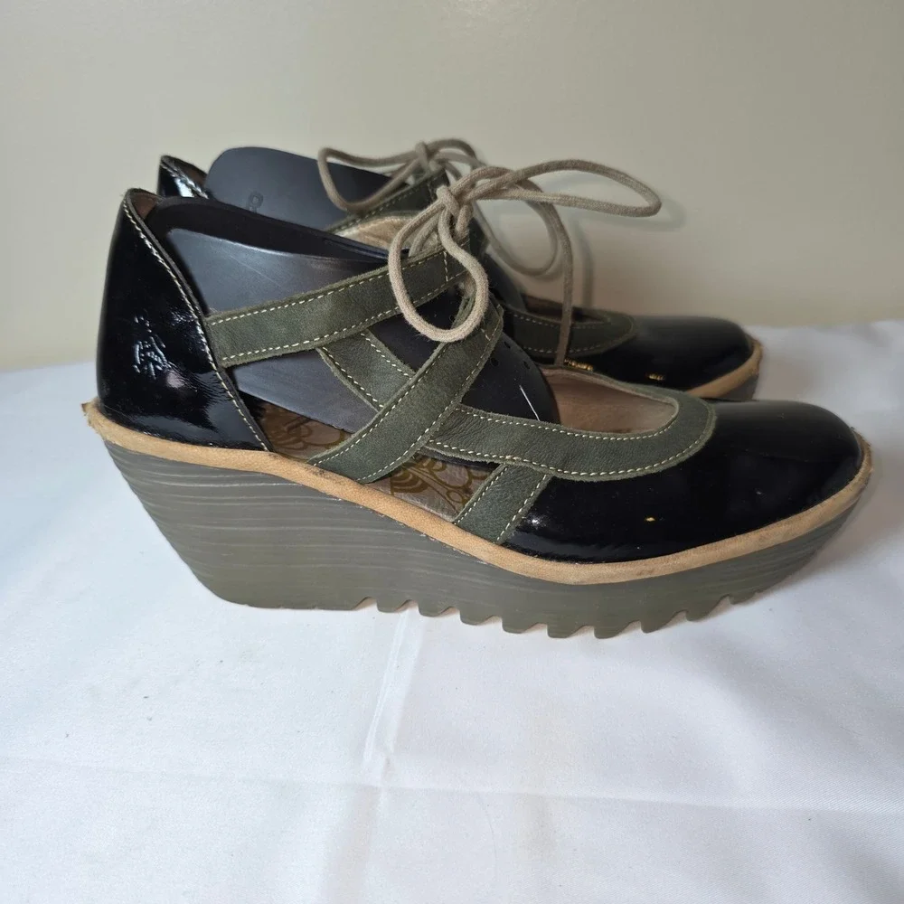 Fly London‎ Womens Wedge Mary Jane Black Patent Olive Green Lace Up Platform